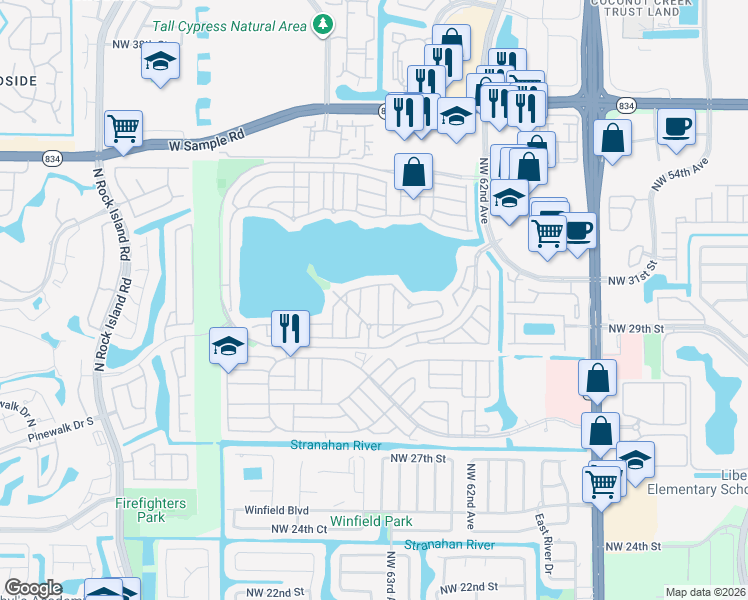 map of restaurants, bars, coffee shops, grocery stores, and more near 3091 Lillian Lane in Margate