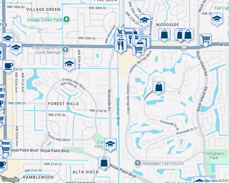 map of restaurants, bars, coffee shops, grocery stores, and more near in Coral Springs