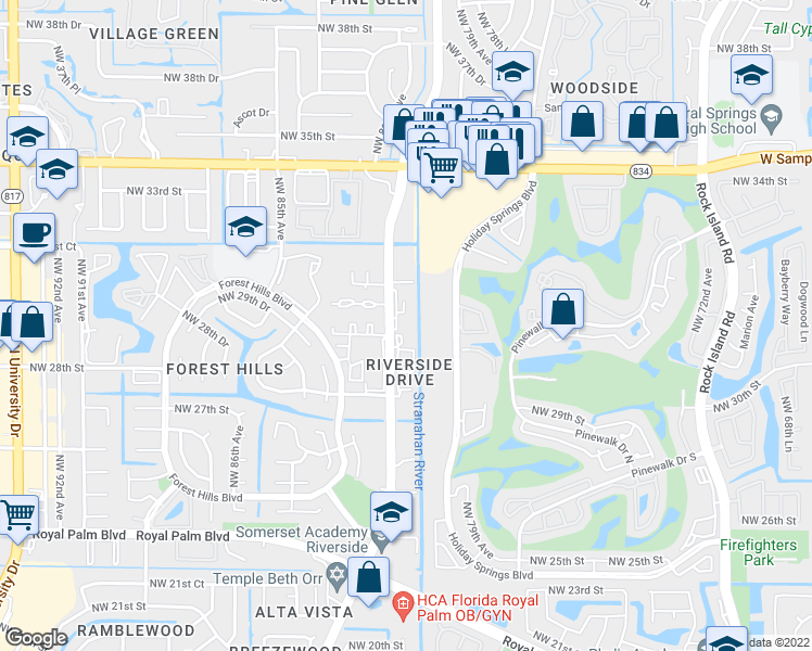map of restaurants, bars, coffee shops, grocery stores, and more near 2941 Riverside Drive in Pompano Beach