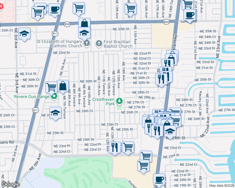 map of restaurants, bars, coffee shops, grocery stores, and more near 2849 Northeast 12th Terrace in Pompano Beach