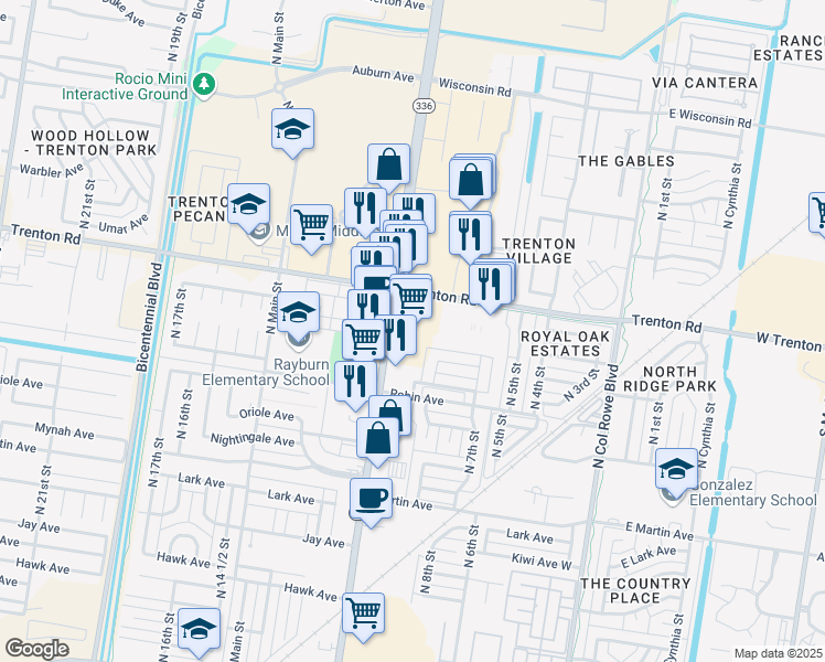 map of restaurants, bars, coffee shops, grocery stores, and more near 901 Trenton Road in McAllen