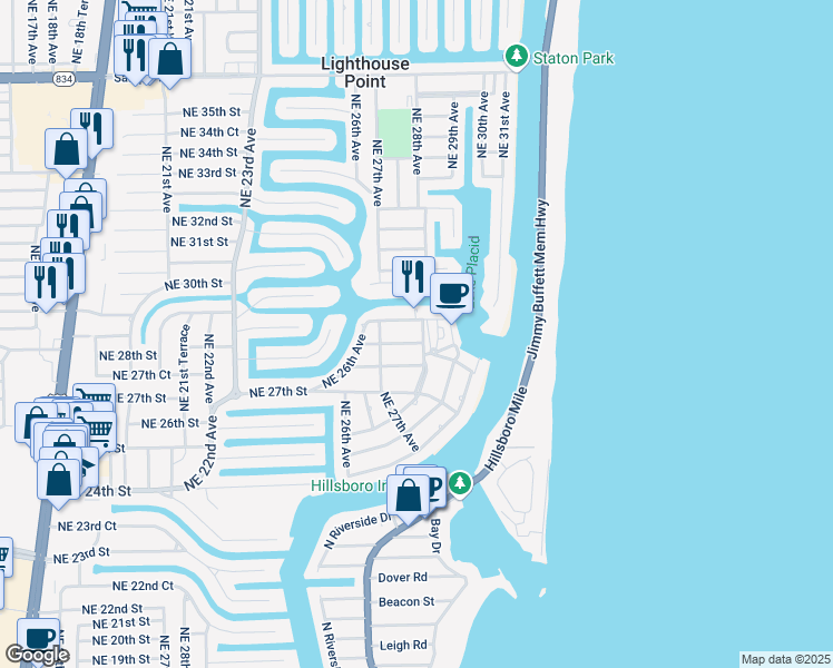 map of restaurants, bars, coffee shops, grocery stores, and more near 2835 Northeast 28th Avenue in Lighthouse Point