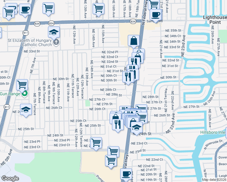 map of restaurants, bars, coffee shops, grocery stores, and more near 1556 Northeast 28th Court in Pompano Beach