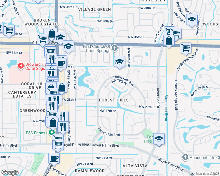 map of restaurants, bars, coffee shops, grocery stores, and more near 8717 Northwest 28th Drive in Coral Springs