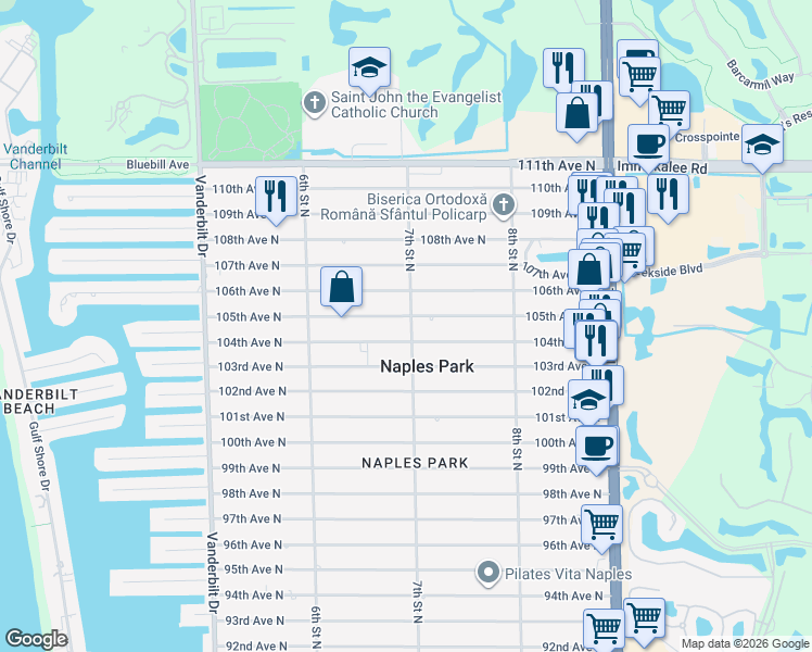 map of restaurants, bars, coffee shops, grocery stores, and more near 10457 7th Street North in Naples
