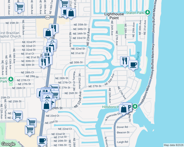 map of restaurants, bars, coffee shops, grocery stores, and more near 2332 Northeast 28th Court in Lighthouse Point