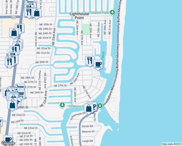 map of restaurants, bars, coffee shops, grocery stores, and more near 2835 Northeast 28th Avenue in Lighthouse Point