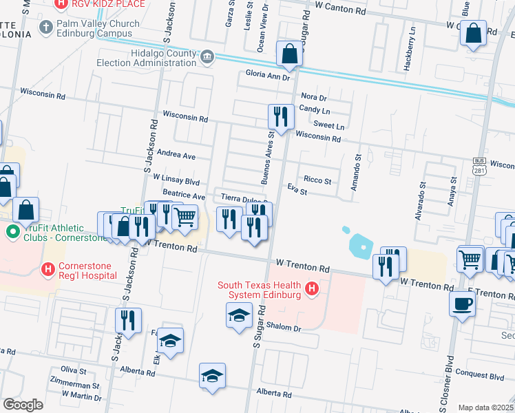 map of restaurants, bars, coffee shops, grocery stores, and more near 1708 Tierra Dulce Drive in Edinburg