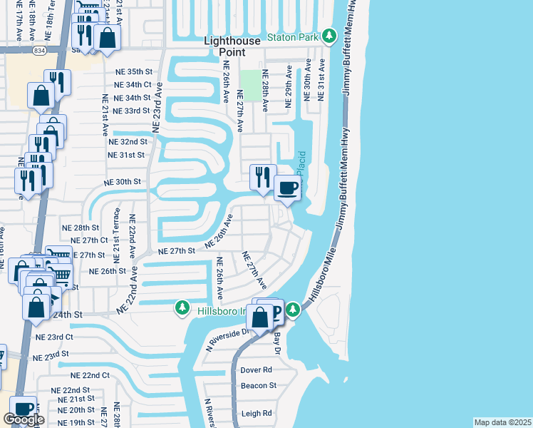 map of restaurants, bars, coffee shops, grocery stores, and more near 2835 Northeast 28th Avenue in Lighthouse Point