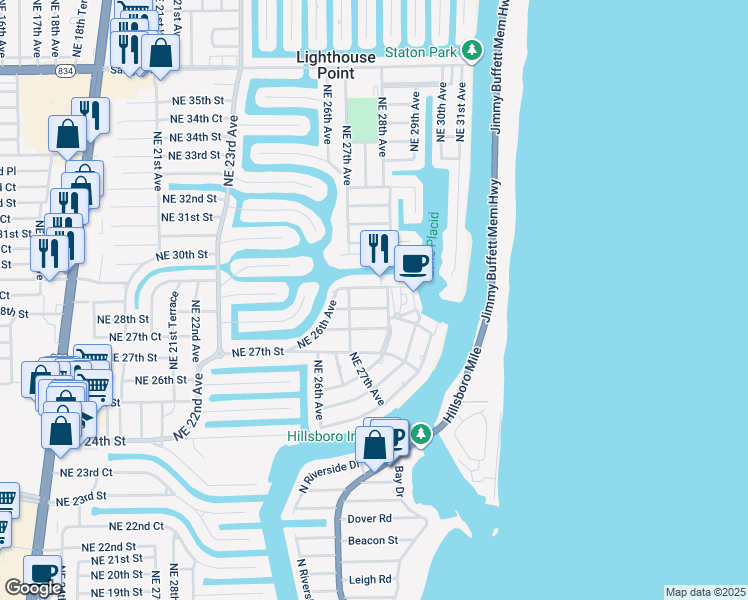 map of restaurants, bars, coffee shops, grocery stores, and more near 2835 Northeast 28th Avenue in Lighthouse Point
