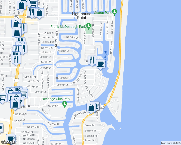 map of restaurants, bars, coffee shops, grocery stores, and more near 2835 Northeast 28th Avenue in Lighthouse Point