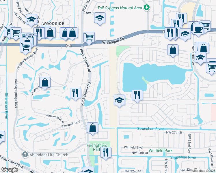 map of restaurants, bars, coffee shops, grocery stores, and more near 3065 Dogwood Lane in Margate