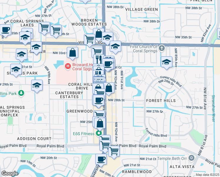 map of restaurants, bars, coffee shops, grocery stores, and more near 2863 North University Drive in Coral Springs