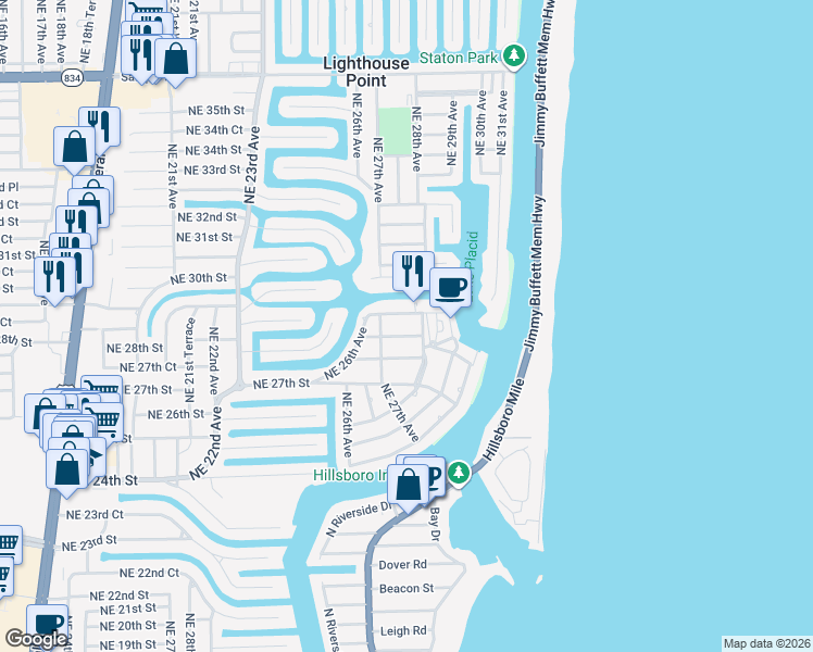 map of restaurants, bars, coffee shops, grocery stores, and more near 2737 Northeast 28th Street in Lighthouse Point