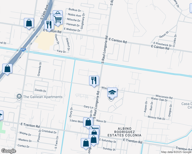 map of restaurants, bars, coffee shops, grocery stores, and more near 3327 South Raul Longoria Road in Edinburg