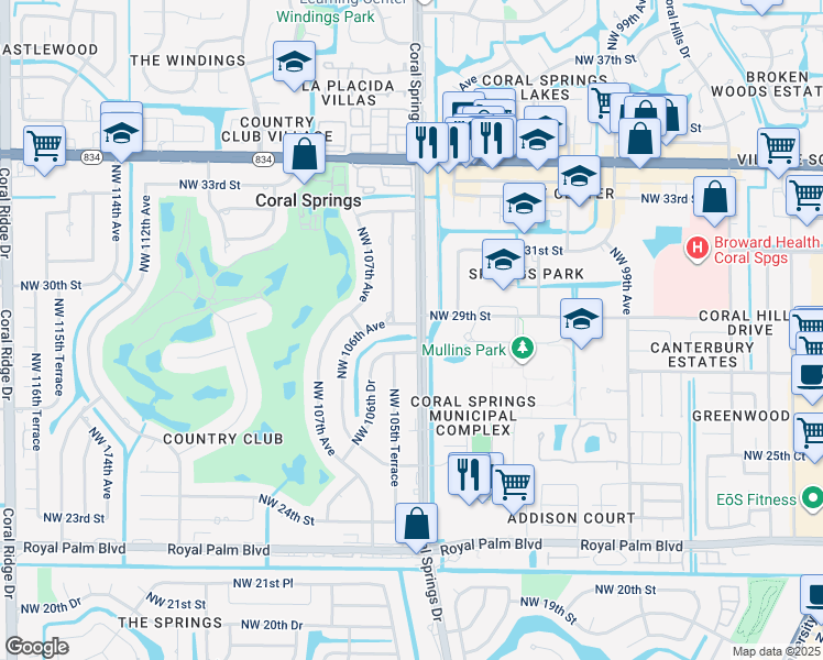 map of restaurants, bars, coffee shops, grocery stores, and more near 10538 Northwest 29th Court in Coral Springs