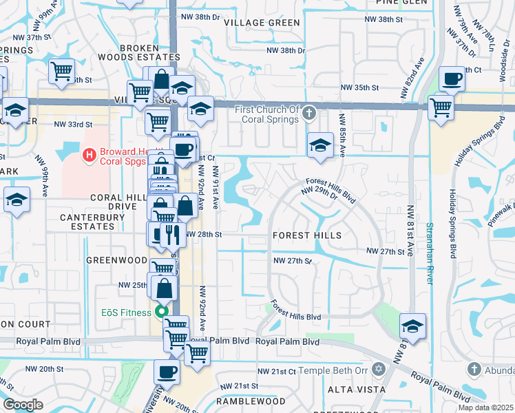 map of restaurants, bars, coffee shops, grocery stores, and more near 2920 Forest Hills Boulevard in Coral Springs