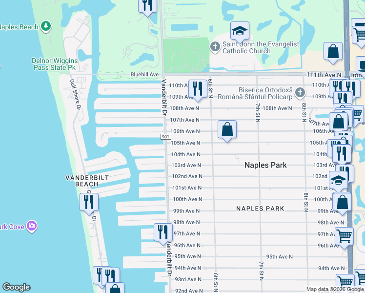 map of restaurants, bars, coffee shops, grocery stores, and more near 532 105th Avenue North in Naples