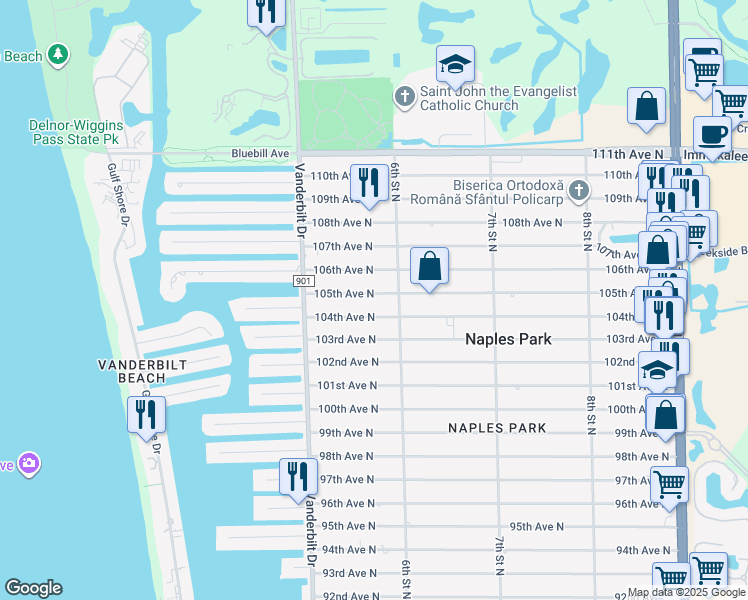 map of restaurants, bars, coffee shops, grocery stores, and more near 572 105th Avenue North in Naples