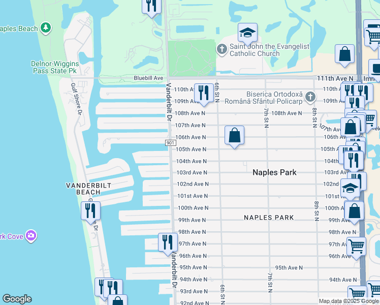 map of restaurants, bars, coffee shops, grocery stores, and more near 534 105th Avenue North in Naples