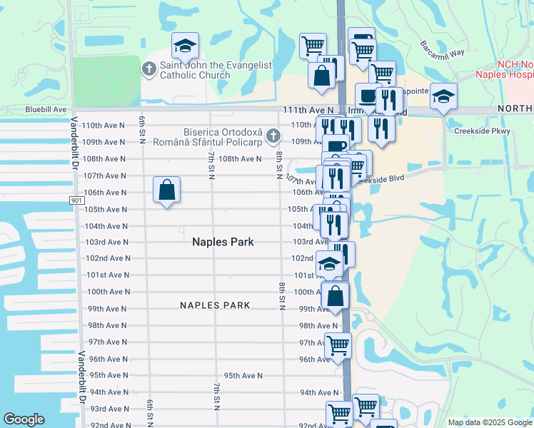 map of restaurants, bars, coffee shops, grocery stores, and more near 798 105th Avenue North in Naples