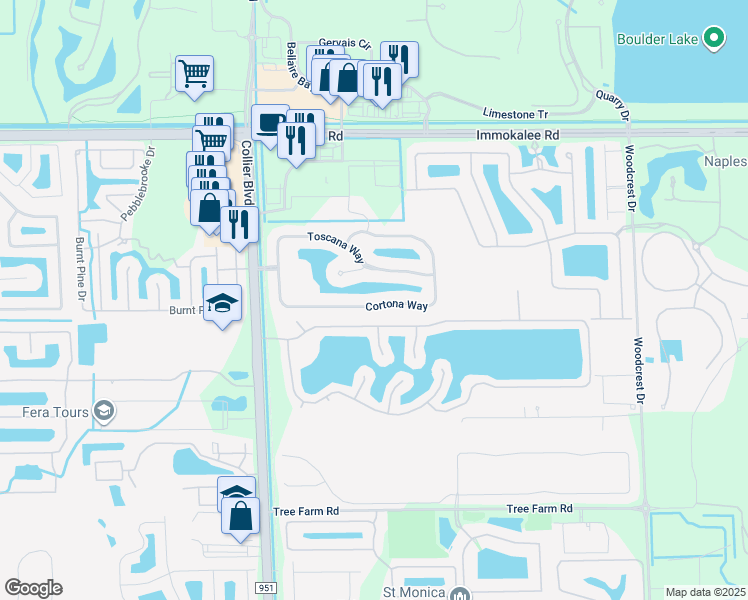 map of restaurants, bars, coffee shops, grocery stores, and more near 15262 Cortona Way in Naples