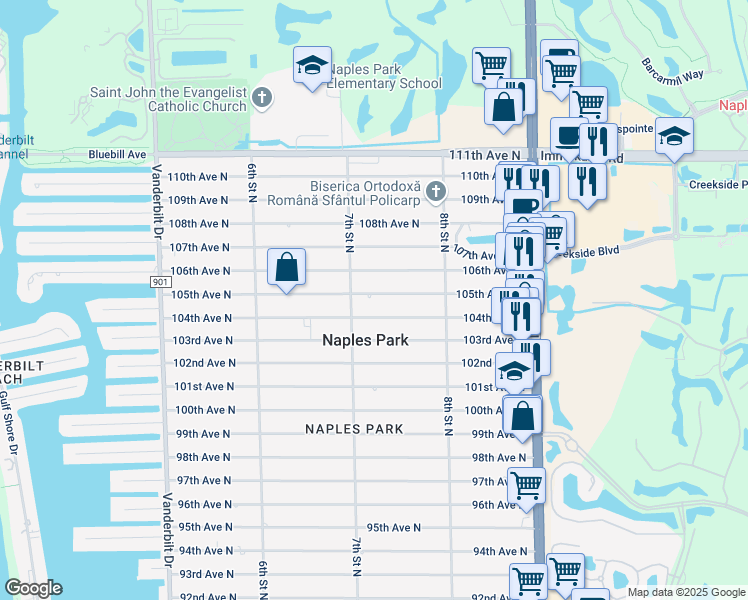 map of restaurants, bars, coffee shops, grocery stores, and more near 722 105th Avenue North in Naples