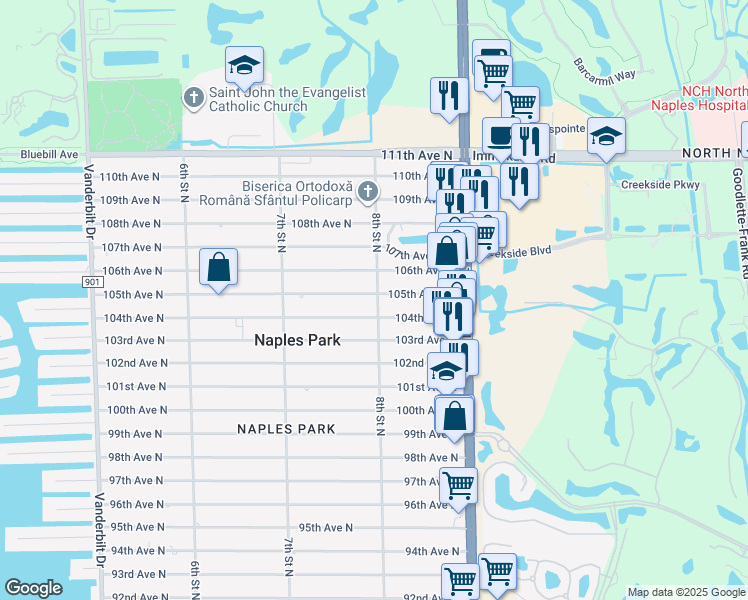 map of restaurants, bars, coffee shops, grocery stores, and more near 798 105th Avenue North in Naples