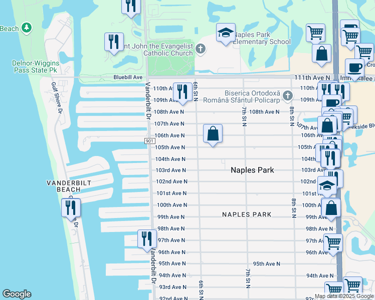 map of restaurants, bars, coffee shops, grocery stores, and more near 580 105th Avenue North in Naples