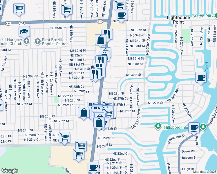 map of restaurants, bars, coffee shops, grocery stores, and more near 1920 Northeast 28th Court in Lighthouse Point