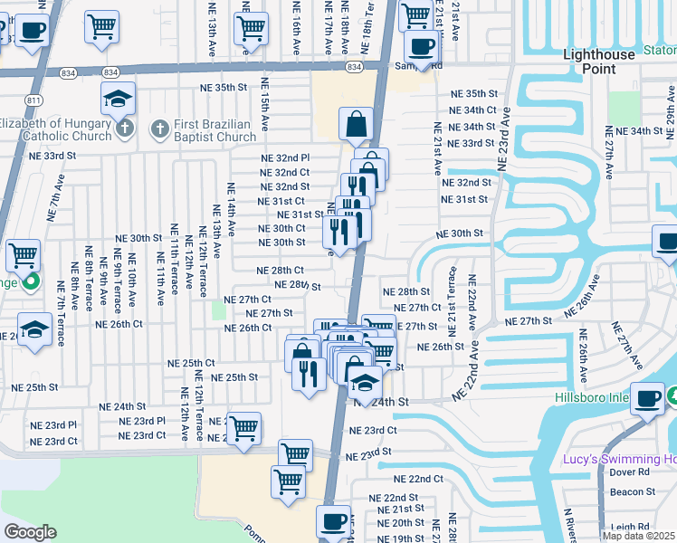 map of restaurants, bars, coffee shops, grocery stores, and more near 1698 Northeast 28th Court in Pompano Beach