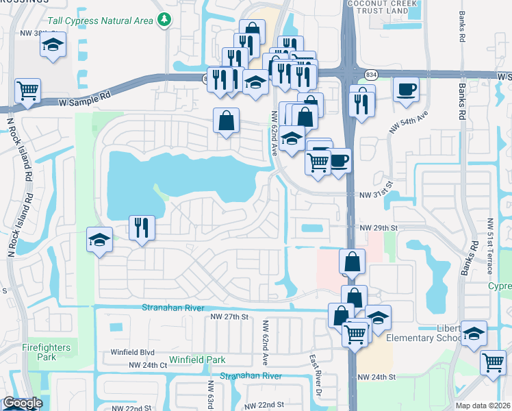 map of restaurants, bars, coffee shops, grocery stores, and more near 6265 Vista Del Mar in Margate