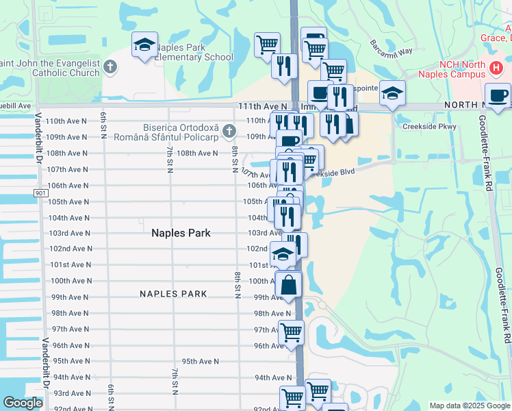 map of restaurants, bars, coffee shops, grocery stores, and more near 830 105th Avenue North in Naples