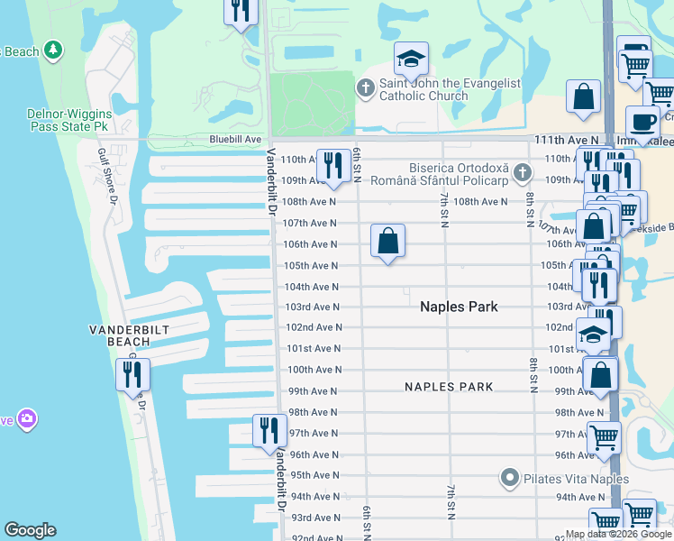 map of restaurants, bars, coffee shops, grocery stores, and more near 572 105th Avenue North in Naples