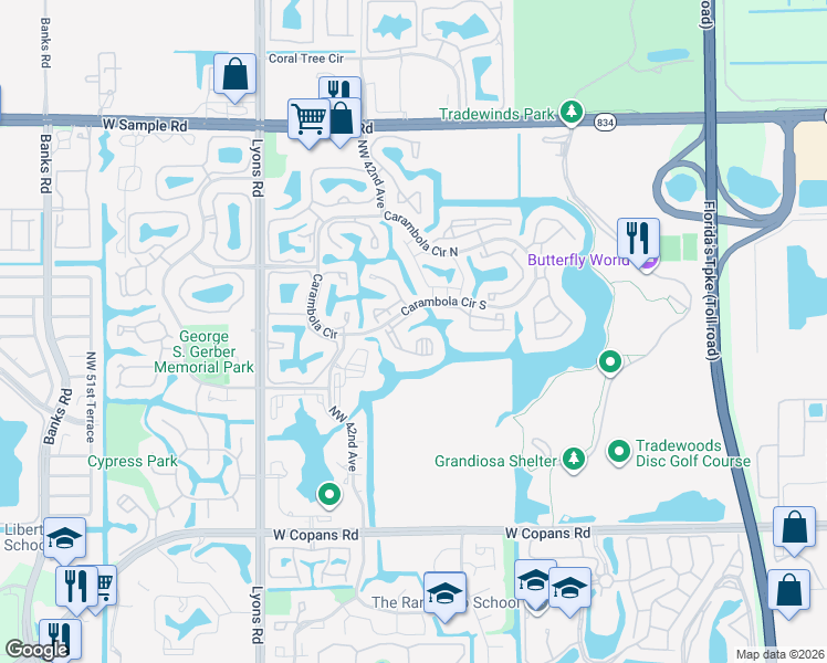 map of restaurants, bars, coffee shops, grocery stores, and more near 137 Karanda Village in Coconut Creek
