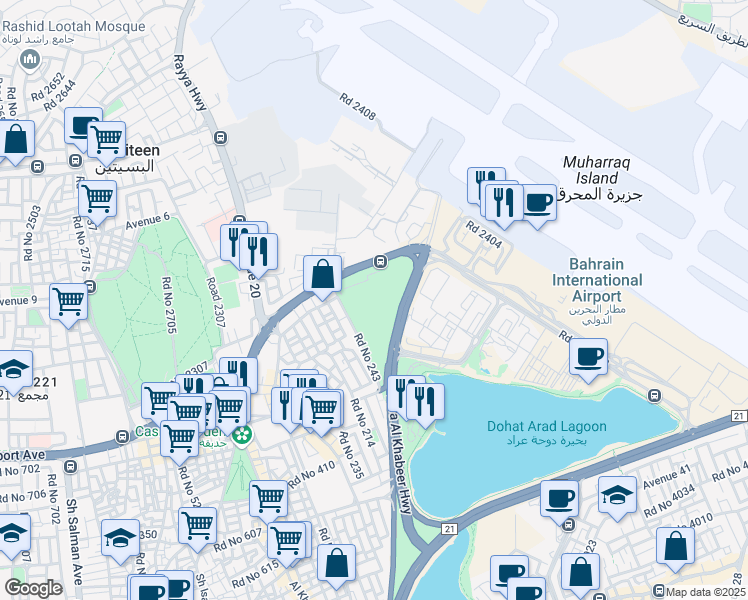 map of restaurants, bars, coffee shops, grocery stores, and more near Airport Avenue in Muharraq