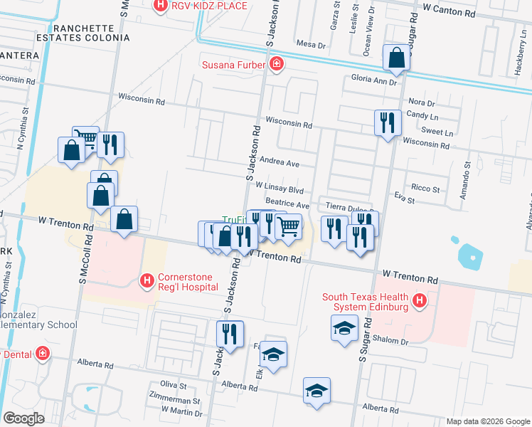 map of restaurants, bars, coffee shops, grocery stores, and more near 3910 S Jackson Rd in Edinburg