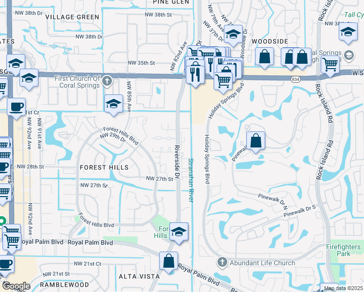 map of restaurants, bars, coffee shops, grocery stores, and more near in Coral Springs