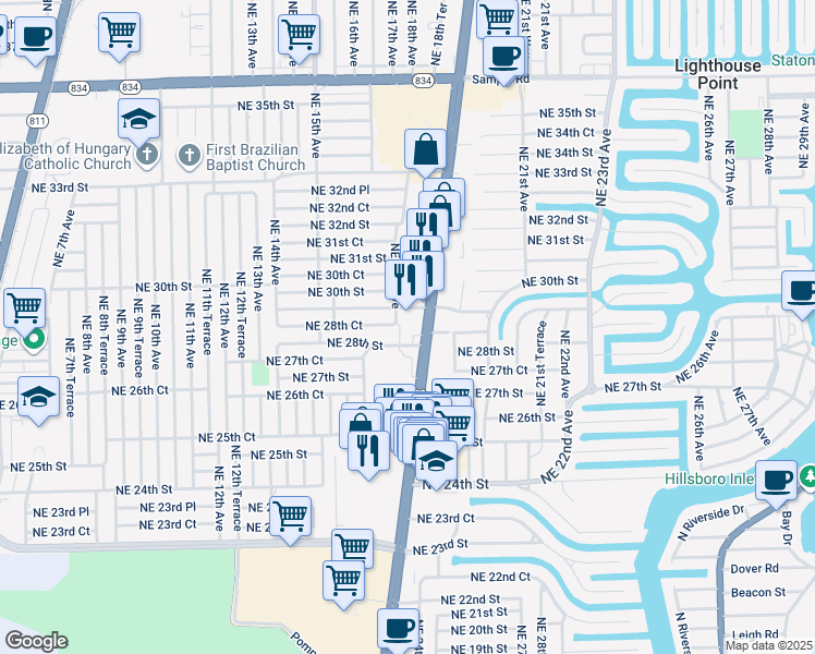 map of restaurants, bars, coffee shops, grocery stores, and more near 2862 Northeast 17th Avenue in Pompano Beach