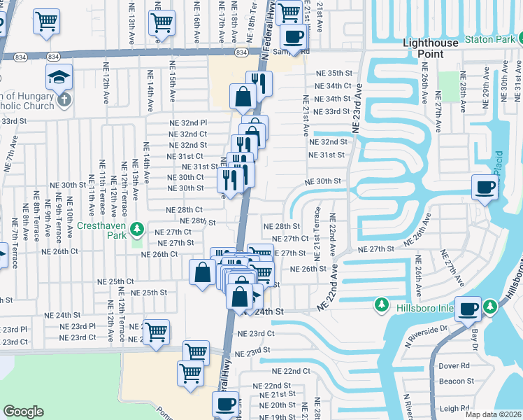 map of restaurants, bars, coffee shops, grocery stores, and more near 1920 Northeast 28th Court in Lighthouse Point