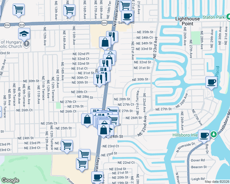 map of restaurants, bars, coffee shops, grocery stores, and more near 1920 Northeast 28th Court in Lighthouse Point