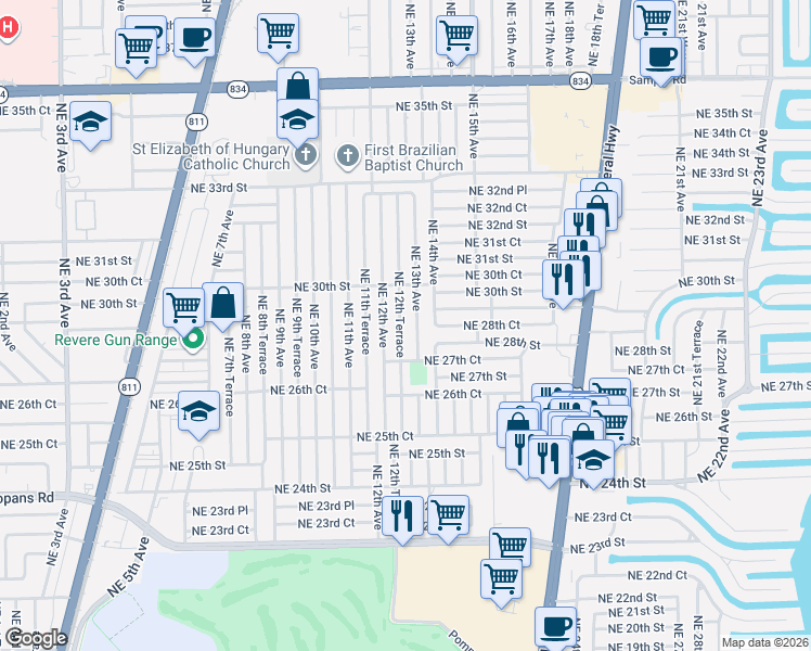 map of restaurants, bars, coffee shops, grocery stores, and more near 2849 Northeast 12th Terrace in Pompano Beach