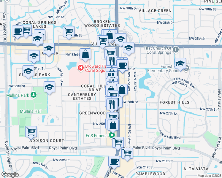 map of restaurants, bars, coffee shops, grocery stores, and more near 2902 North University Drive in Coral Springs