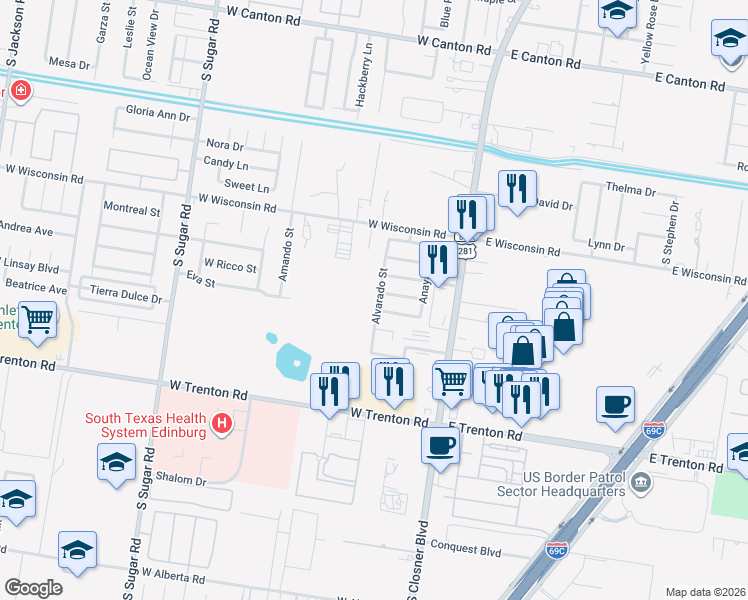 map of restaurants, bars, coffee shops, grocery stores, and more near 415 Kika De La Garza Street in Edinburg