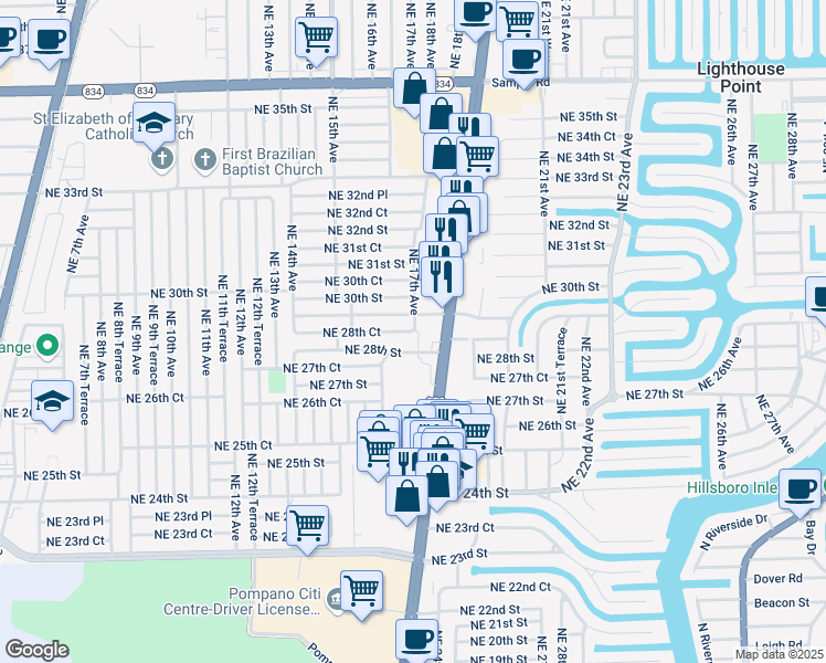 map of restaurants, bars, coffee shops, grocery stores, and more near 2862 Northeast 17th Avenue in Pompano Beach