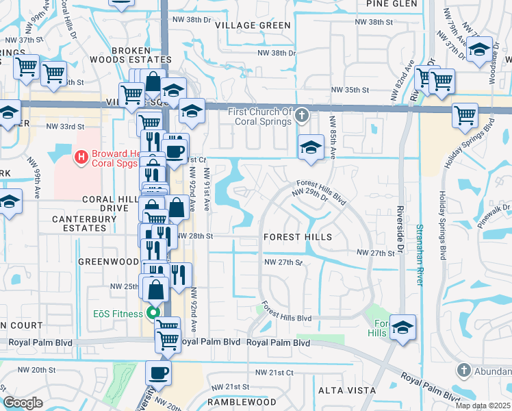 map of restaurants, bars, coffee shops, grocery stores, and more near 2920 Forest Hills Boulevard in Coral Springs
