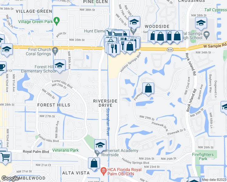 map of restaurants, bars, coffee shops, grocery stores, and more near 3170 Holiday Springs Boulevard in Margate