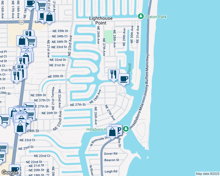 map of restaurants, bars, coffee shops, grocery stores, and more near 2814 Northeast 27th Avenue in Lighthouse Point