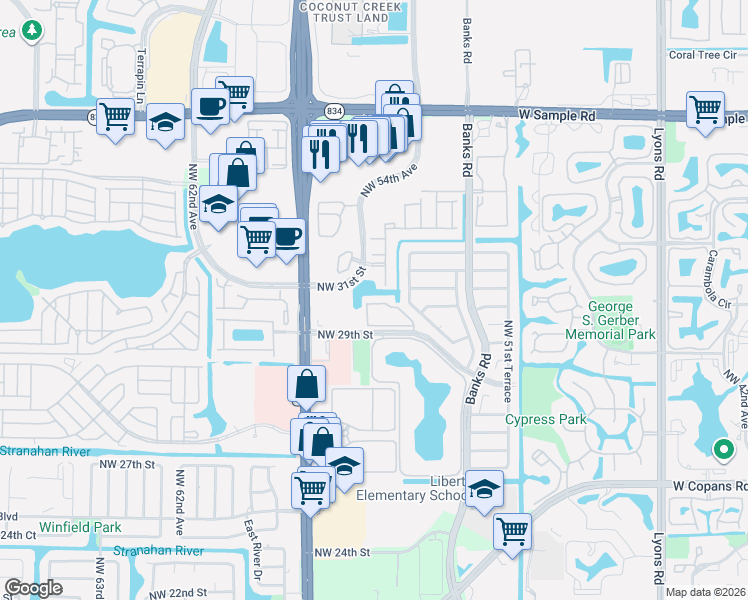 map of restaurants, bars, coffee shops, grocery stores, and more near 5522 Courtyard Drive in Margate