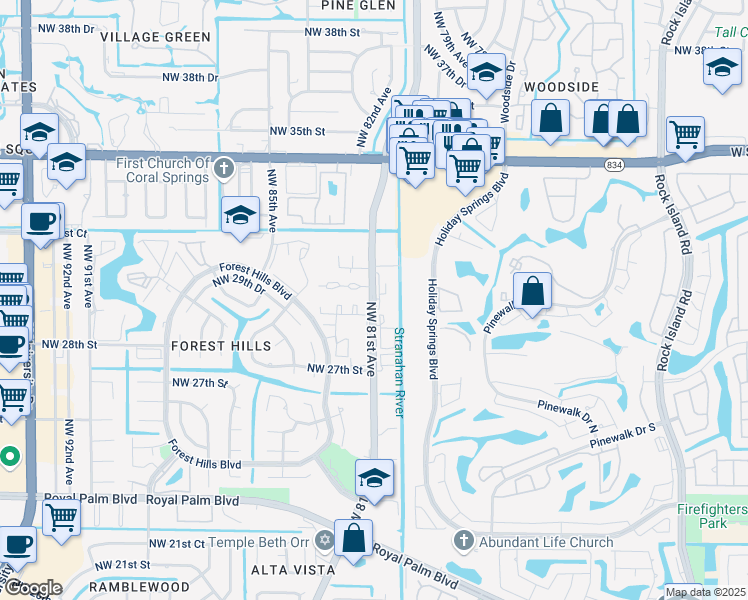 map of restaurants, bars, coffee shops, grocery stores, and more near in Coral Springs